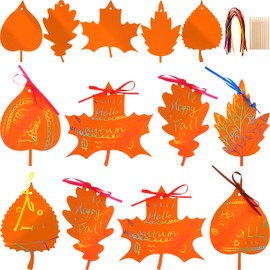 50 Pieces Scratch Fall Leaves Colorful Scratch Leaves Scratch Rainbow Art Paper with Ribbons and Wooden Stylus for Thanksgiving Harvest Party (Yellow)