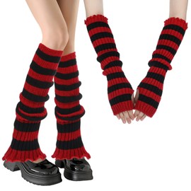 Quilax Y2k Striped Arm Warmers Goth Punk Black Red Arm Warmers Emo Gloves Knit Winter Arms Sleeves Fingerless Gloves
