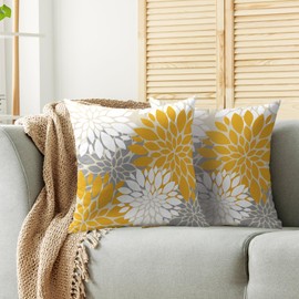 Yellow White Grey Gray Pillow Covers 20X20 Inch Set of 2, Modern Geometry Dahlia Floral Print Decorative Throw Pillow Covers Outdoor Farmhouse Cushion Case for Home Couch Sofa Bed Decoration