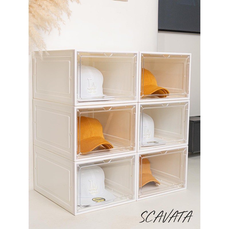 SCAVATA 6 Pack Hat Organizer Box, Stackable Clear Baseball Caps