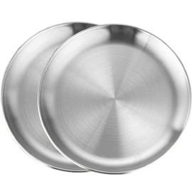 VollfitYYu Set of 2 Stainless Steel Plates, Round Serving Trays, Silver Plates, Dinner Plates, Salad Trays, Serving Plates, Grill Plates for Outdoor Party, Picnic, Camping, Wedding (23 cm)