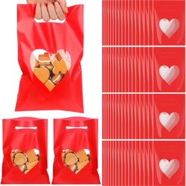 Motipuns 100 Pcs Valentine's Day Gift Bag with Handle Plastic Candy Bag with Heart Shaped Window 9.84''x6.5'' Party Favor Bag for Goodie Treat Holiday Valentines Wedding Mother's Day Supplies(Red)