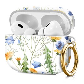Compatible with AirPod Pro 2nd/1st Generation Case Cover with Key Chain,Full Protective Shockproof Wireless Headphone Case for Airpod Pro 2023/2022/2019(Blue Flowers)
