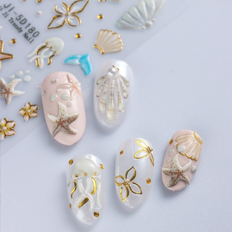 5D Embossed Ocean Nail Art Stickers Self-Adhesive Hibicus Flower Nail