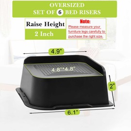 Yookwutar Bed Risers 1 inch, 2 inch, 3 inch, 4 inch, 6 inch, 8 inch Heavy Duty, Oversized Furniture Riser for Couch Sofa Table Chair Leg Frame Dorm, Support up to 6000 Lbs (Black 6 Pack, 2 inch)