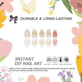 Press on Nails Medium Almond MABKJLF White French Tip Fake Nails False Nails with 3D Flower Charms Designs Embossed Full Cover Glossy Glue on Nails Stick on Nails for Women Girls 30 Pcs