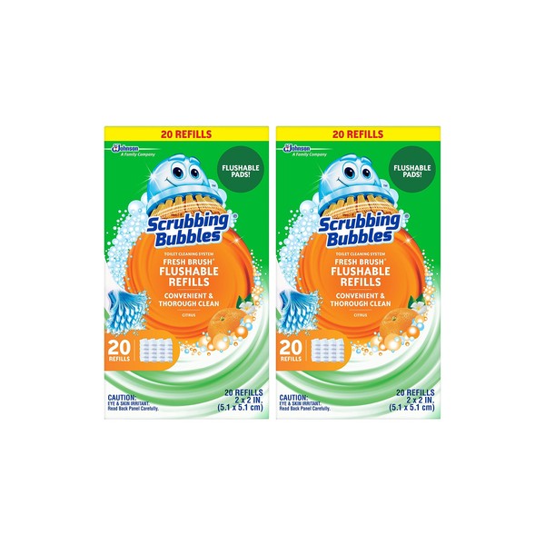 Scrubbing Bubbles Fresh Brush Flushable Refills, Stain Removing Toilet Bowl Cleaner Pads, Eliminate Limescale and Fight Odors, Citrus Action Scent, 20 Count, Pack of 2