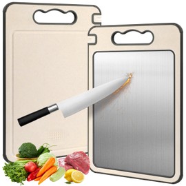 Tabla de Cortar de Acero Inoxidable, Tabla de Cortar de Doble Cara, Paja de Trigo PP Tabla de Picar, Antideslizante, Antiarañazos, con Ranura de Afilado, Fácil de Limpiar, 14×10 In