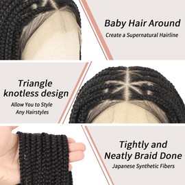 Lexqui 14" 360° HD Full Lace Braided Wigs for Women Short Triangle Knotless Braided Wig Box Braid Wig Human Hair Blended Bob Braided Lace Front Wigs with Baby Hair Free Parting Black