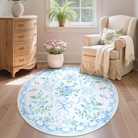 Collive Blue Bow Round Rugs for Girls, 4ft Floral Washable Circle Rug for Bedroom, Cute Ultra-Thin Non Slip Indoor Decor Carpet for Nursery Kids Room Playroom Living Room