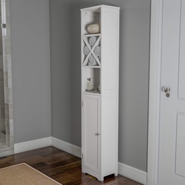 Lavish Home Linen Tower-67” Tall Bathroom or Laundry Room Storage Cabinet, Large, White