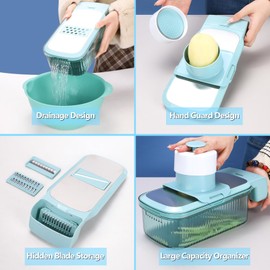 PRENTISS 5 in 1 Adjustable Mandoline Food Slicer for Kitchen Removable Blade Grip Handle Multipurpose Mandoline Chopper with Container Potato Slicer Fruit Vegetable Cheese Slicer Maker Grater(Blue)