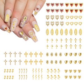 Pack of 128 Nail Charms Gold, Cross, Rose, Hearts, Virgin Mary Charms Nails, 3D Nail Charms Y2K, Nail Art Decoration (128)