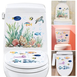PLIGREAT Pack of 2 Ocean Animal Toilet Stickers, Seaweed Sea Fish Turtle Toilet Seat Lid Sticker for Bathroom Bathtub Cover Decor Toilet