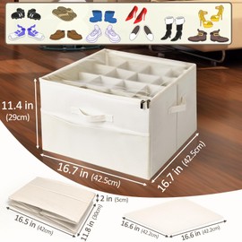 DAYOOH Closet Organizers and Storage, 2 Pack Shoe Organizer for Closet Foldable Shoe Storage Containers with Clear Cover and w/Adjustable Dividers, Beige Shoe Bins Fits 16-32 Pairs