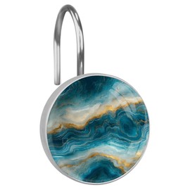 12pcs Shower Curtain Hooks,Blue Rock Patterns Decorative Shower Curtain Hanger Rings Roller, Stainless Steel Round Shower Rings Hangers for Bathroom Bedroom, Living Room Decor