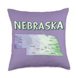 Physical Map of Nebraska major cities, lakes, rivers, USA Throw Pillow