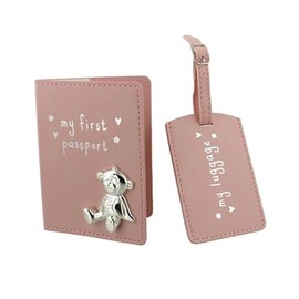 Button Corner PU My First Passport & Luggage Tag Set with Metal Teddy icon Pink CG988P, 200 g