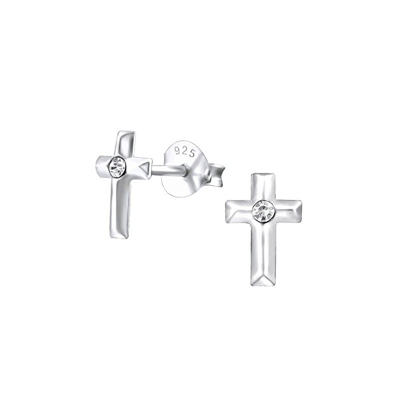 Sterling Silver Small Cross Earrings with a Crystal Stone Plain