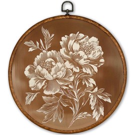 TLESKE Neutral Vintage Floral Round Wall Art Decor Framed 10x10, Peony Flower Canvas Wall Art Prints Artwork, Rustic Wall Hanging Room Door Decor Decorations for Bedroom Living Room