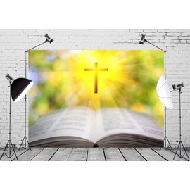 Loccor 7x5ft Fabric Holy Lights Backdrop Open Bible Golden Sunrise Cross Photography Background Vacation Bible School Events Decorations Jesus Christ Father of God Church Play Supplies Video Props