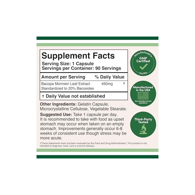 Double Wood Supplements Cápsulas Bacopa Monnieri, Sin Omg, Sin Gluten,
