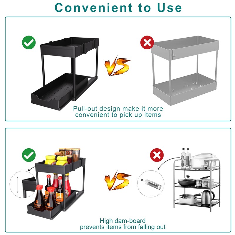 petisal Under Sink Organizer -2 PACK|Pull Out Bathroom Organizer|2 Tier