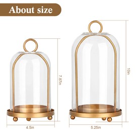 Vintage Brass Metal Candle Lantern with Thick Glass Dome – Set of 2 Shabby Chic Style Candle Holders (5.25"x10" & 4.5"x7.87") – Hanging or Tabletop Decor for Pillar Candles, Plants