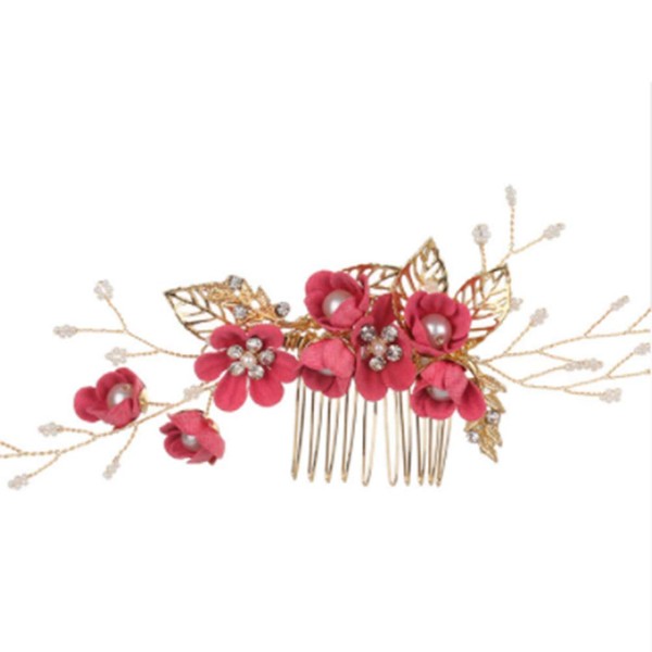Beaupretty Wedding Hair Comb Rhinestone Flower Clip Headpiece Crystal Bridal Hair Accessories (Rose Red)