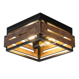 Mayful Flush Mount Ceiling Light, Rustic Ceiling Light Fixture with Black Metal and Wood Design, 2-Light Farmhouse Light Fixtures for Kitchen Living Room Bedroom Entryway Hallway Laundry