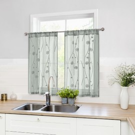 HOMEIDEAS Sage Green Sheer Kitchen Curtains 30 X 36 Inch Length 2 Panels Embroidered Wave Line with Spiral Pattern Short Bathroom Window Curtains for Small Window Valance Tiers
