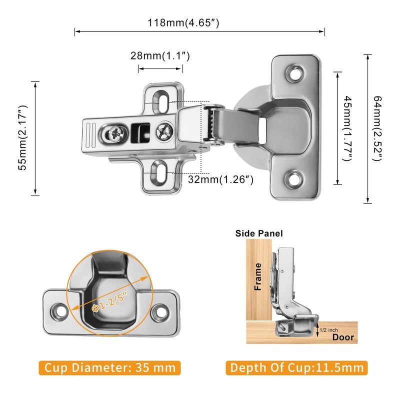 Chibery 4 PCS Inset Soft Close Hinges, Clip ON Plate