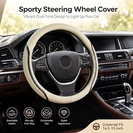 Funda para volante de coche beige, fundas para volante de 14.5-15 pulgadas con posavasos de microfibra de cuero fibra de carbono transpirable antideslizante duradera universal para auto