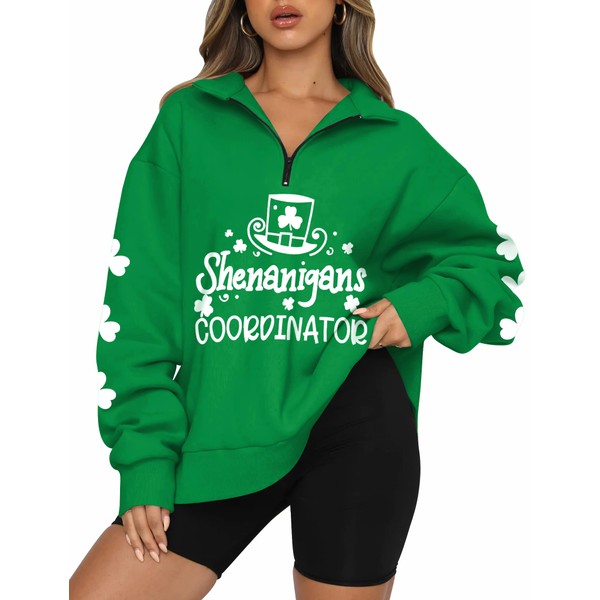 ALIREVERIE Women's St Patricks Party Graphic Shirts Oversized Quarter Zipper