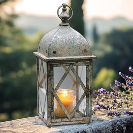 Vintage Lantern Distressed Metal Decor Farmhouse Rustic Indoor & Outdoor Candle Holder Lantern with Clear Glass Large Lanterns for Tabletop Garden Porch Patio Home Wedding Shelf Decorative 17 in