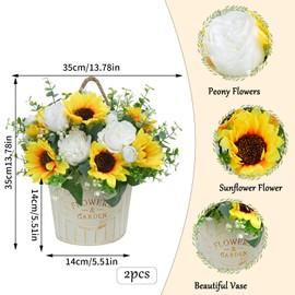 MHMJON 2Pcs Artificial Sunflowers with Wall Planter, Faux Silk Peony Hanging Planters for Indoor Plants Farmhouse Bedroom Kitchen Bathroom Spring Summer Home Decor