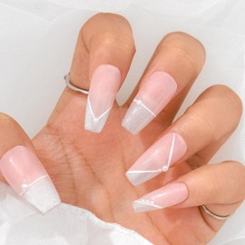Sethexy French Long Coffin Pink False Nails Handmade Pearl Glitter Fake Nails Acrylic Glossy Press On Nails Hand-painted Stick On Nails Sparkle Salon Quality Nail Art Removable for Women and Girls(U)