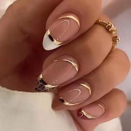 JUSTOTRY 24 Pcs Leopard Stiletto Press on Nails Short Designs,Brown False Nails Oval,French Almond Stick on Nails for Women and Teens,Gold Swirl Fake Nails for Nails Art