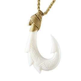 Unique Hawaiian Large Fish Hook Necklace, Hand Carved Buffalo Bone 3D Fish Hook Necklace, N9102