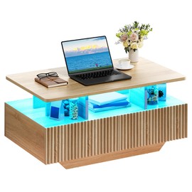 YITAHOME LED Coffee Tables for Living Room, Fluted Farmhouse Coffee Table with Storage 4 Drawers and Open Compartment, Modern Rectangle Coffee Tables Small Wood Tables for Home Decor, Natural Oak