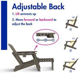 BRIOPAWS Folding Adirondack Chair with Adjustable Backrest & Ottoman, Wood Texture All-Weather HDPE Outdoor Chairs w/Cup Holders & Retractable Footrest for Poolside, Fire Pit, Campfire, Light Brown