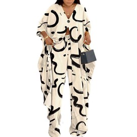 CHICME Women's 2 Piece Outfits Abstract Print Batwing Sleeve V Neck Top with High Slit and Loose Wide Leg Pants Matching Lounge Sets Apricot-L