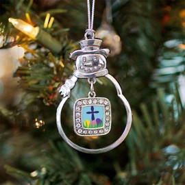 Inspired Silver - Easter Cross & Eggs - Silver Christmas Ornament - Square Charm Christmas Tree Ornament with Cubic Zirconia - Snowman Hanging Decoration
