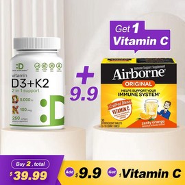 Airborne Airborne 1000mg Vitamin C with Zinc + DEAL SUPPLEMENT Vitamin D3&K2 BUNDLE | Bones, Nerve Function,  Immune System Healthcare Dietary:_Airborne Vitamin C + D3K2 Bundle