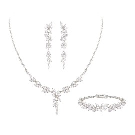 Crysdue Wedding Jewelry Set for Brides Bridesmaid Women, Sparkle Marquise Cubic Zirconia Leaf Bridal Necklace Drop Long Dangle Earrings Tennis Bracelet Silver