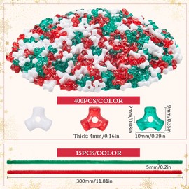 SUNNYCLUE 1230Pcs Christmas Ornament Kits Christmas Theme Beads Pipe Cleaners Tri Bead Acrylic Tri-Shaped Beads Red White Green Beads for Christmas Tree Decoration Hanging Xmas Party Craft Ornaments
