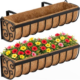 VOXOR Railing Planter Boxes, 24 Inch Window Boxes Planters, Balcony Planters with Adjustable Brackets & Coco Liner for Outdoor Fence, Deck, Porch, and Patio Gardening, 2 Pack