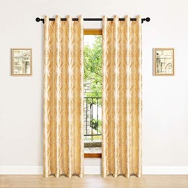 Jacquard Luxury Gold Curtains Drapes Window Curtains for Living Room Bedroom Curtain Grommet Top-2 Panles (Damask-Golden, 52" W x 84" L)--2 Tie Back Included