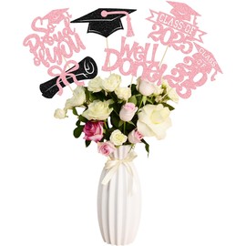 Gyufise 12Pcs Congrats Grad 2025 Centerpiece Sticks Glitter 2025 Graduation Done Diploma Table Flower Centerpieces Sticks Class of 2025 Party Decorations for 2025 Graduation Party Supplies Pink