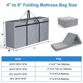 Rilelola Folding Mattress Storage Bags, Heavy Duty Oxford-Cloth Carry Case for Tri Folding Mattress (Fits 4" to 6" Full Mattress), Mattress Bag, Grey